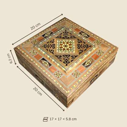 Dimensions of the Lantern Mosaic Box: 20 x 20 x 6.2 cm outside, 17 x 17 x 5.8 cm inside