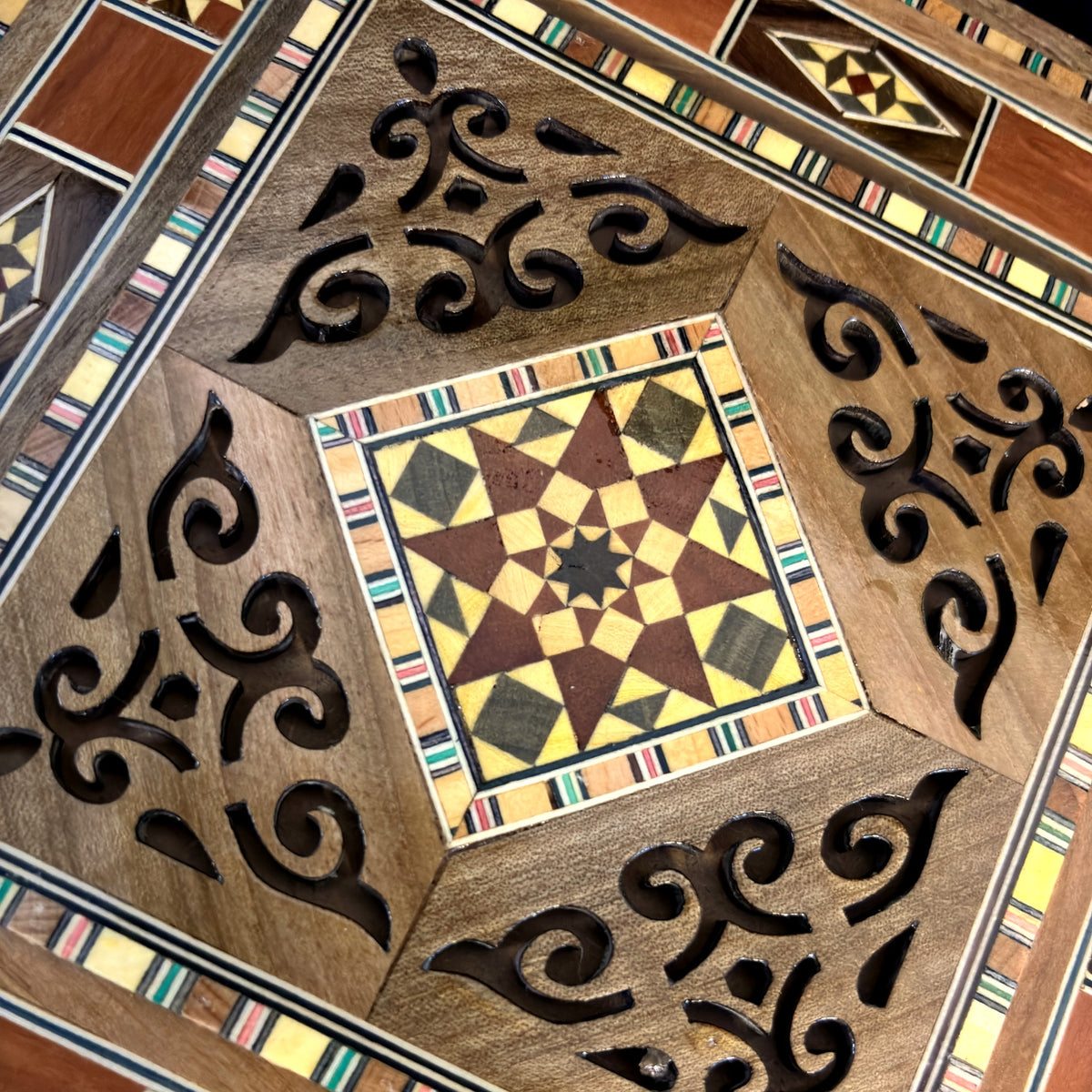 Close-up of the pierced lid and star mosaic inlay of the Lantern Mosaic Box
