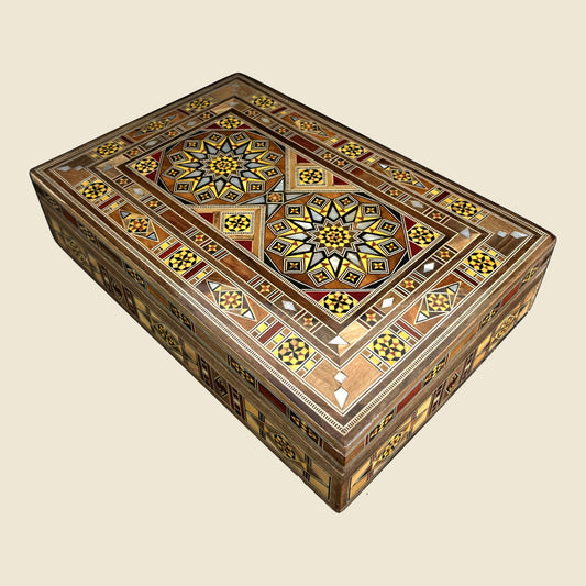 Majestic Mosaic Box, closed, with a geometric mosaic lid and mother-of-pearl inlay