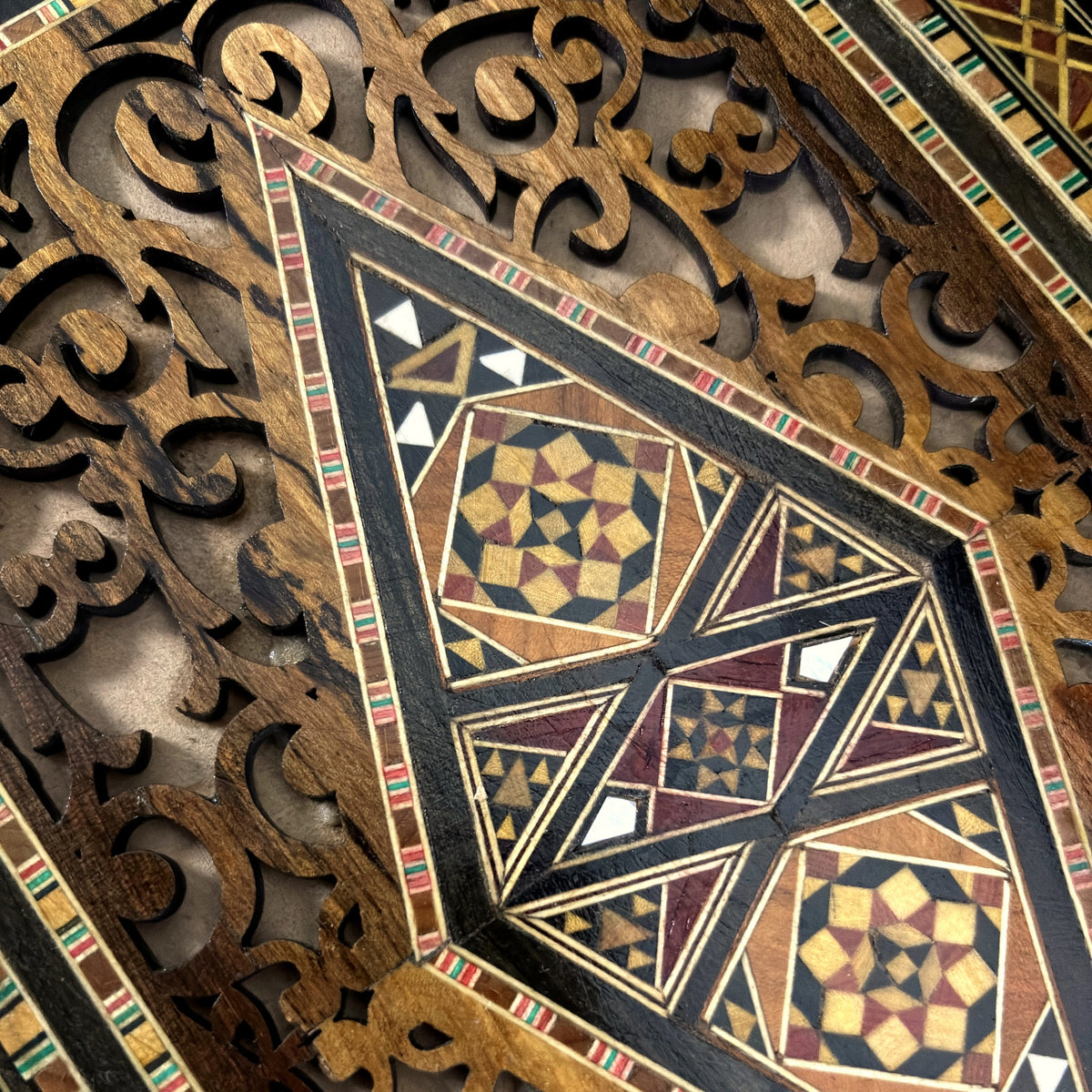 Close-up of the carved relief and the mosaic diamond on the lid of the Sovereign Mosaic Box