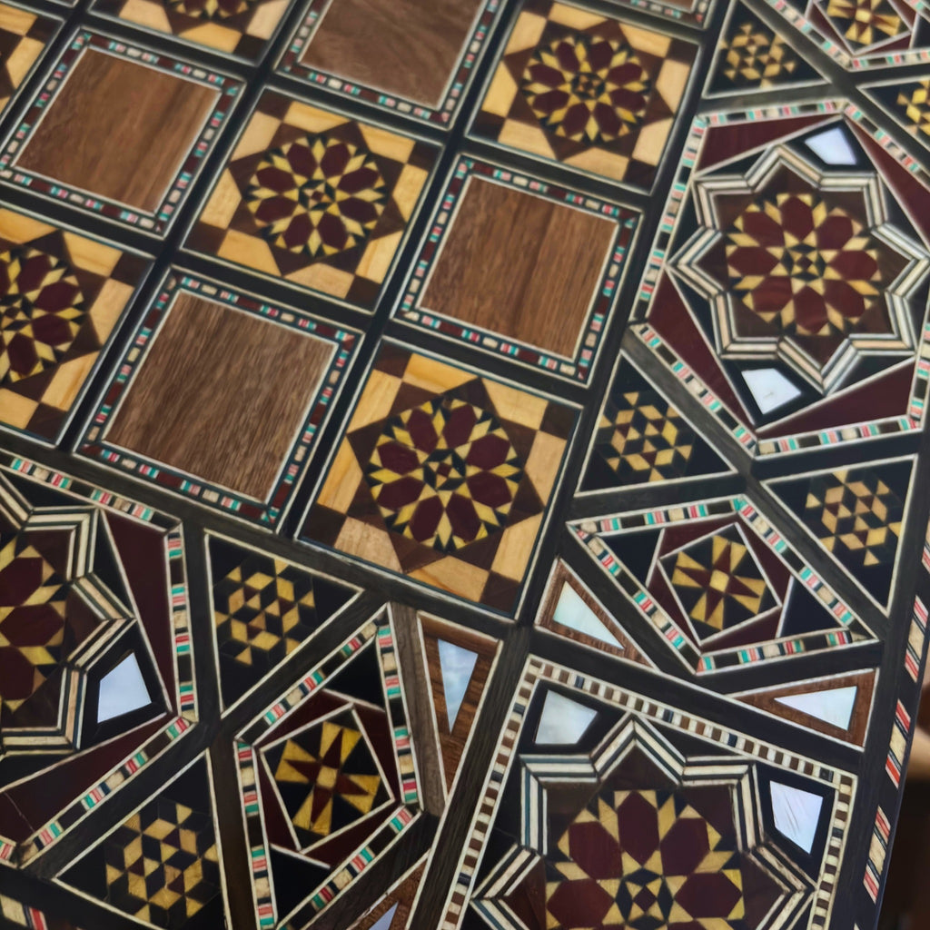 Close-up of the mosaic squares on the chess board side of the Grandmaster's Chess & Backgammon Set