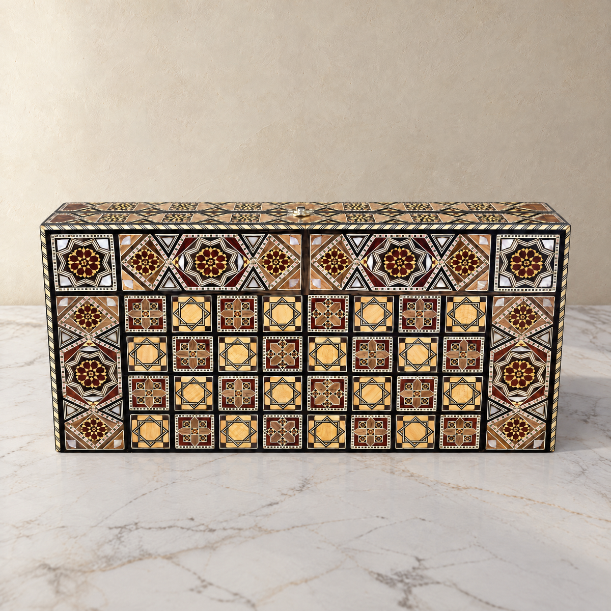 Sultan's Damascene chess and backgammon set, closed case, on marble