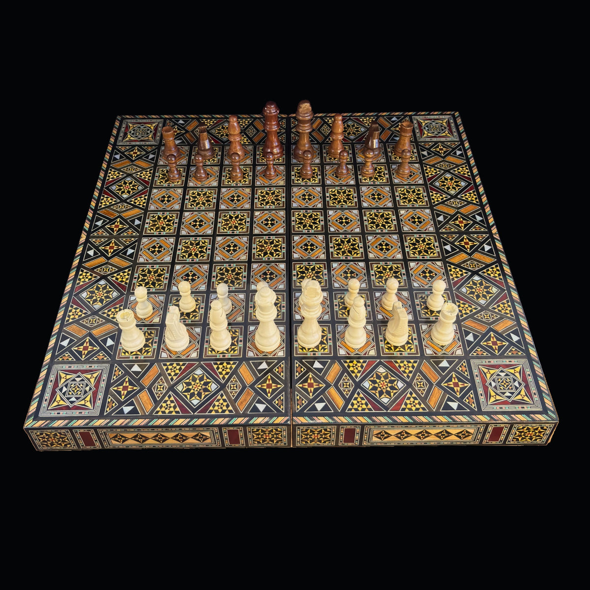 Royal Chess & Backgammon Set open, with the chess pieces set up on the board