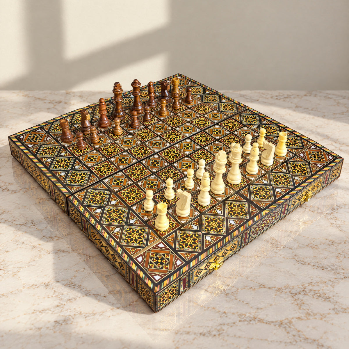 Dynastic Chess & Backgammon Set open on marble, with the chess pieces set up on the board