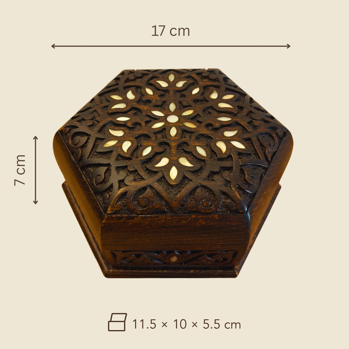 Dimensions of the Orchard Carved Box: 17 x 17 x 7 cm outside, 11.5 x 10 x 5.5 cm inside