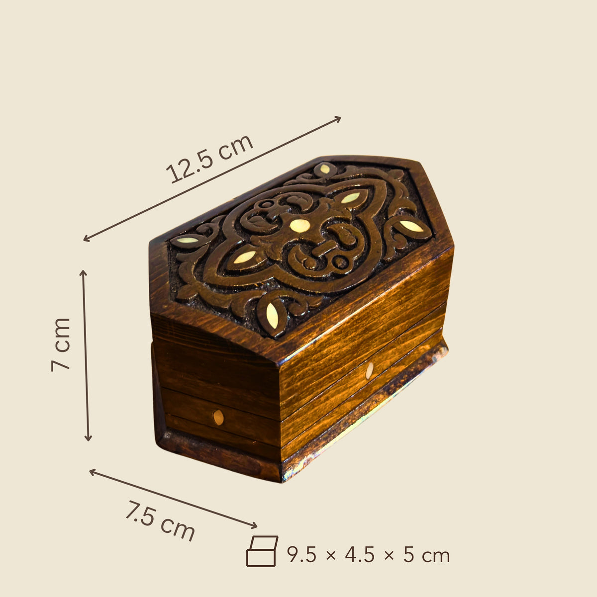 Dimensions of the Legacy Carved Box: 12.5 x 7.5 x 7 cm outside, 9.5 x 4.5 x 5 cm inside
