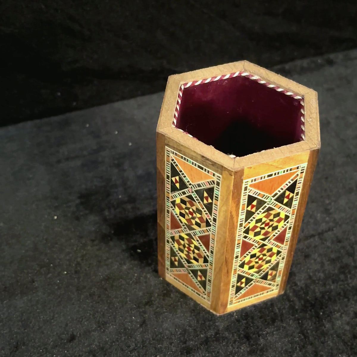 Writer's Pen Holder: the outside, a close-up of the inlay and the holder with pens
