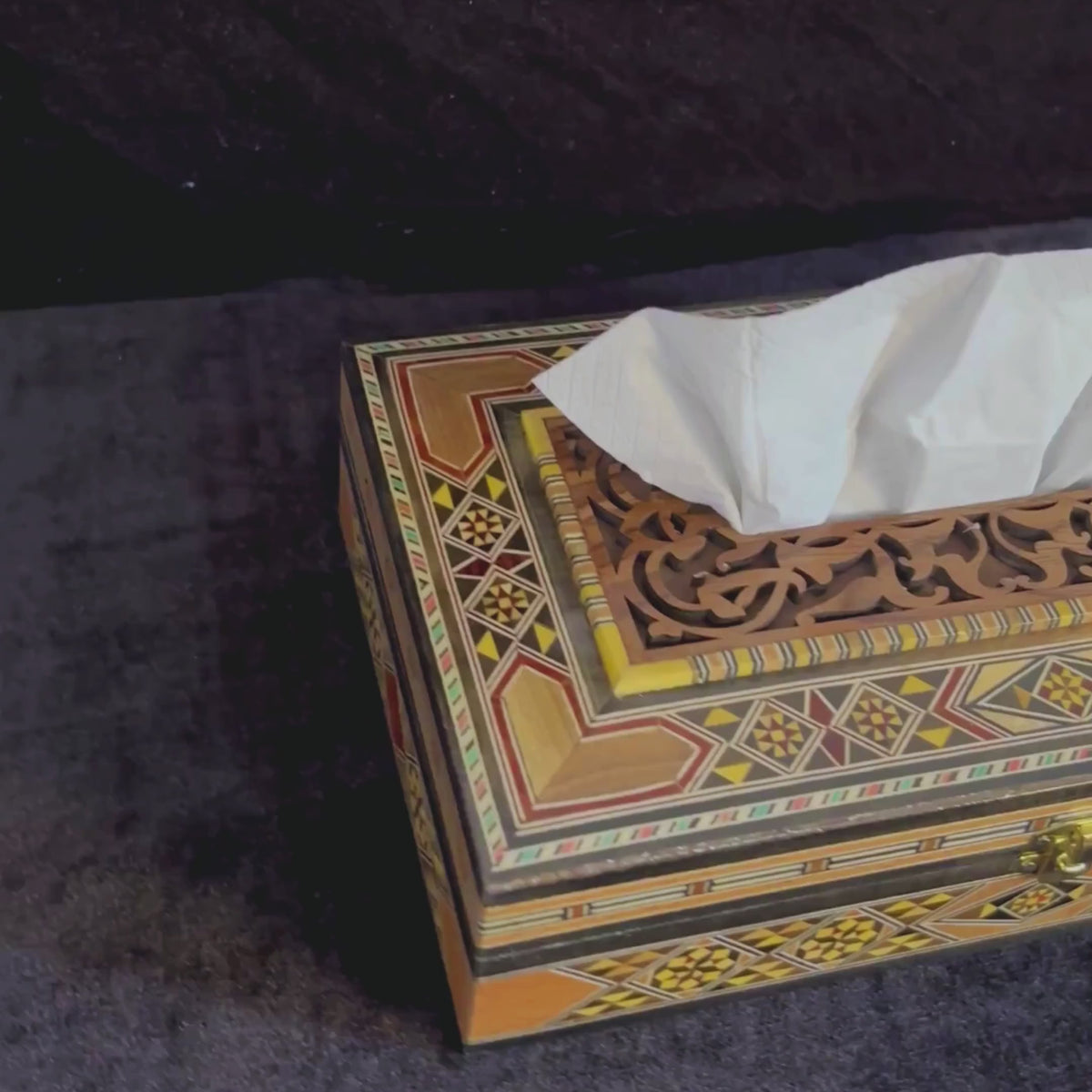 Etched Mosaic Tissue Box video: the tissue box, a close-up of the lid and the open box