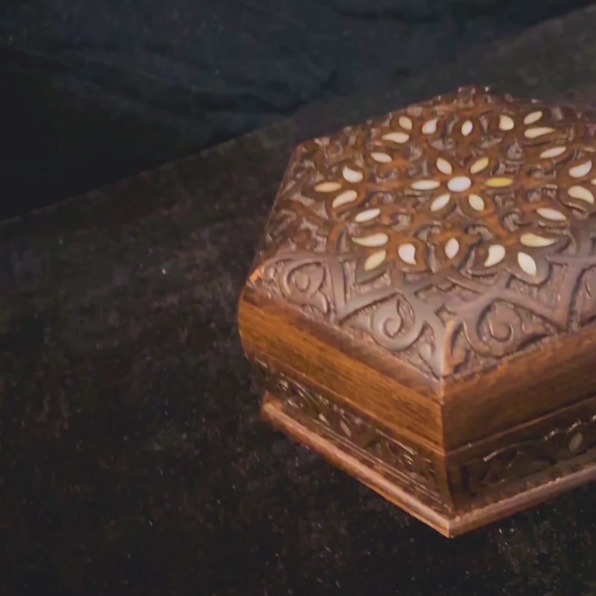 Orchard Carved Box video: the closed box, a close-up of the inlay and the open box