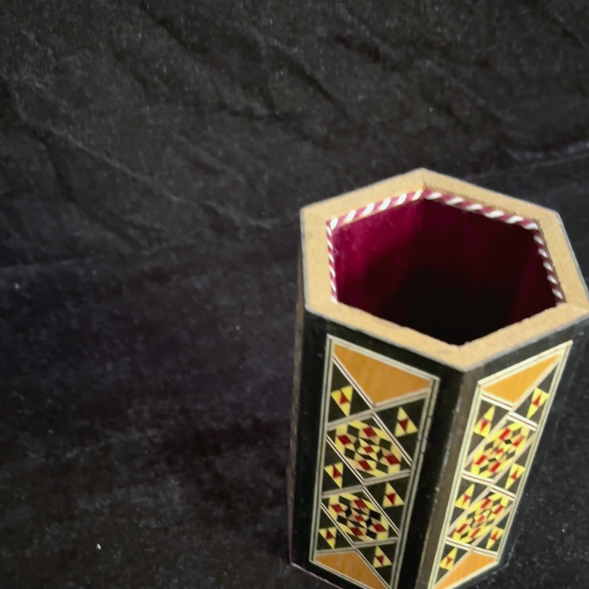 Scholar's Pen Holder: the outside, a close-up of the inlay and the holder with pens
