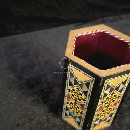 Calligrapher's Pen Holder: the outside, a close-up of the inlay and the holder with pens