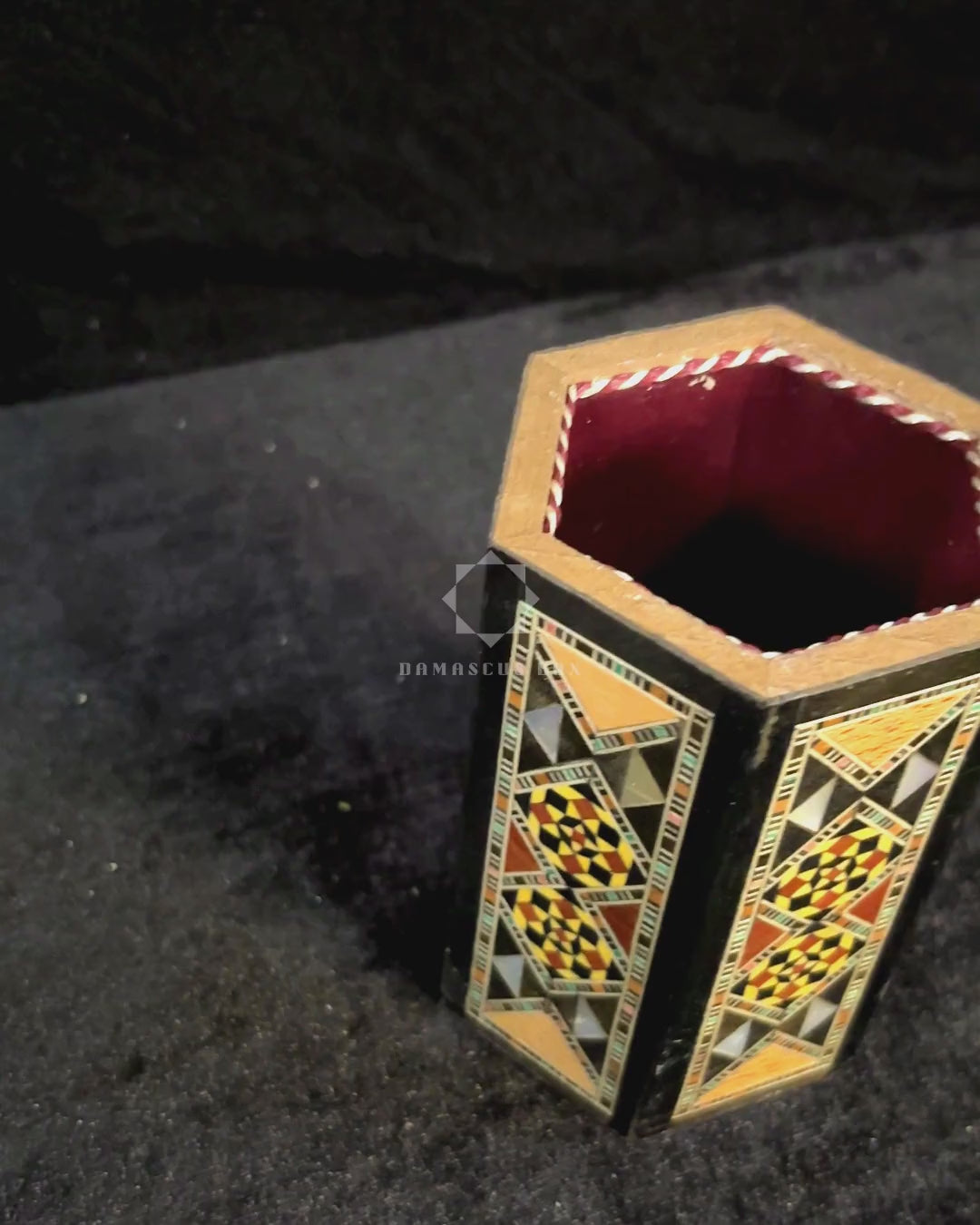 Calligrapher's Pen Holder: the outside, a close-up of the inlay and the holder with pens