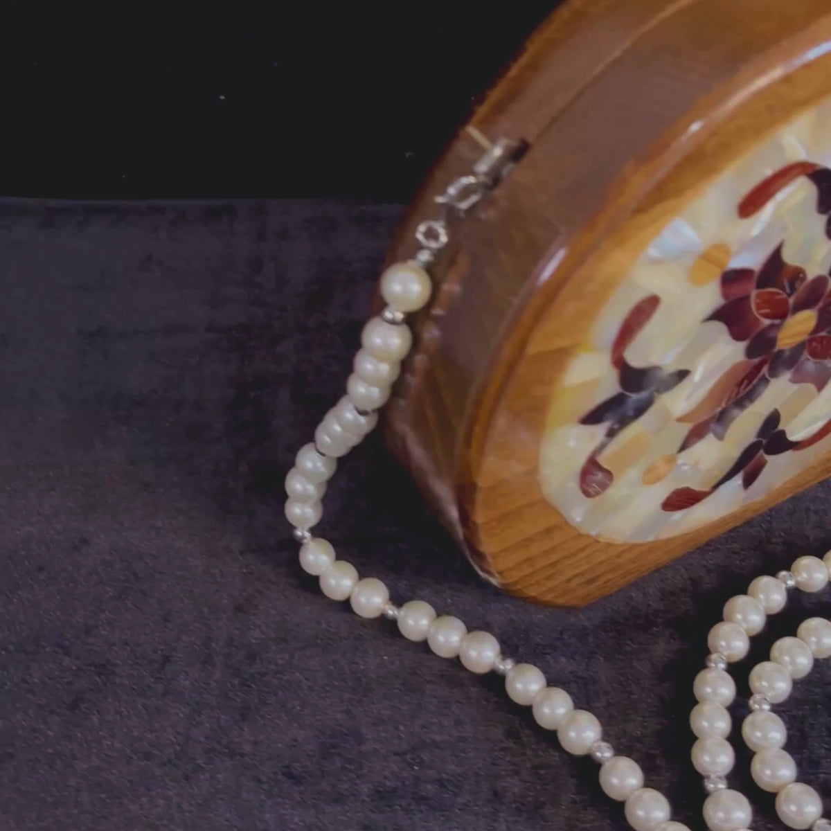 Wardeh Walnut Clutch video: the clutch, a close-up of the inlay and the open clutch