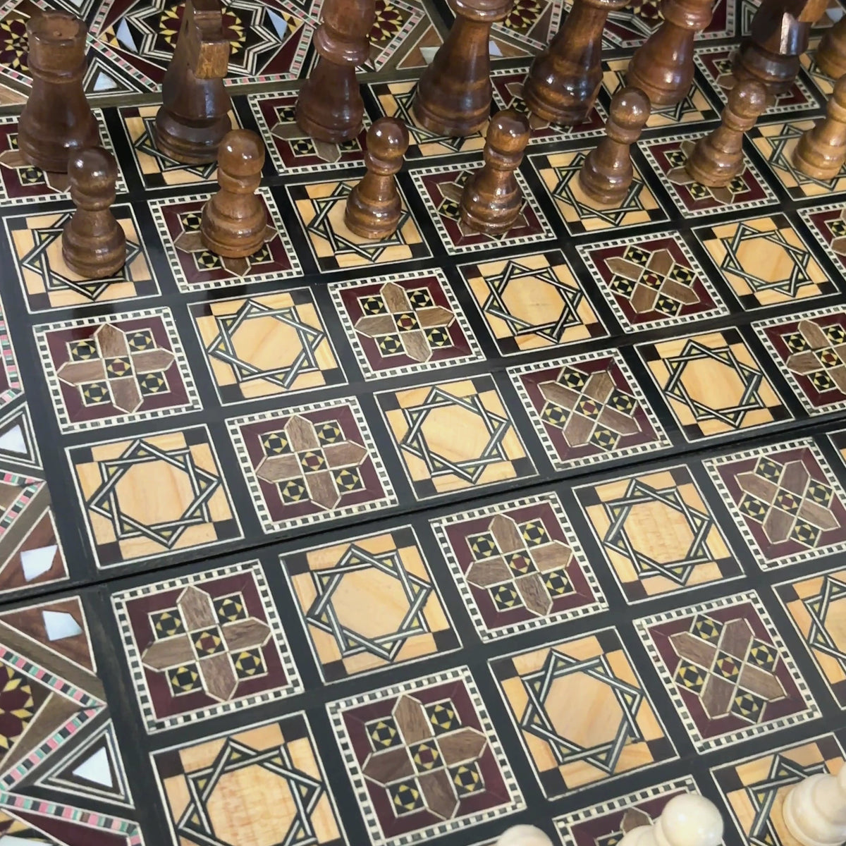 Sultan's Damascene chess and backgammon set: the board with the chess pieces, a close-up of the inlay and the backgammon side