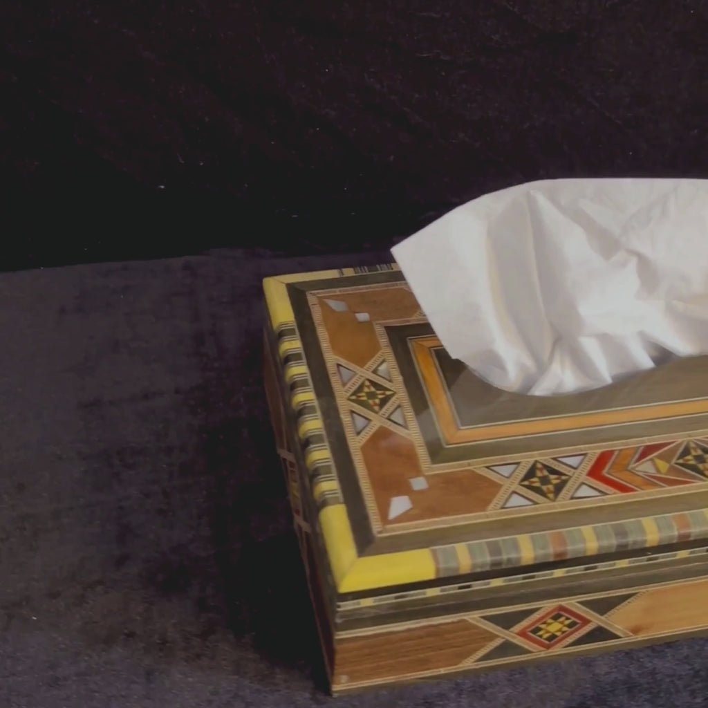 Twilight Mosaic Tissue Box video: the tissue box, a close-up of the lid and the open box