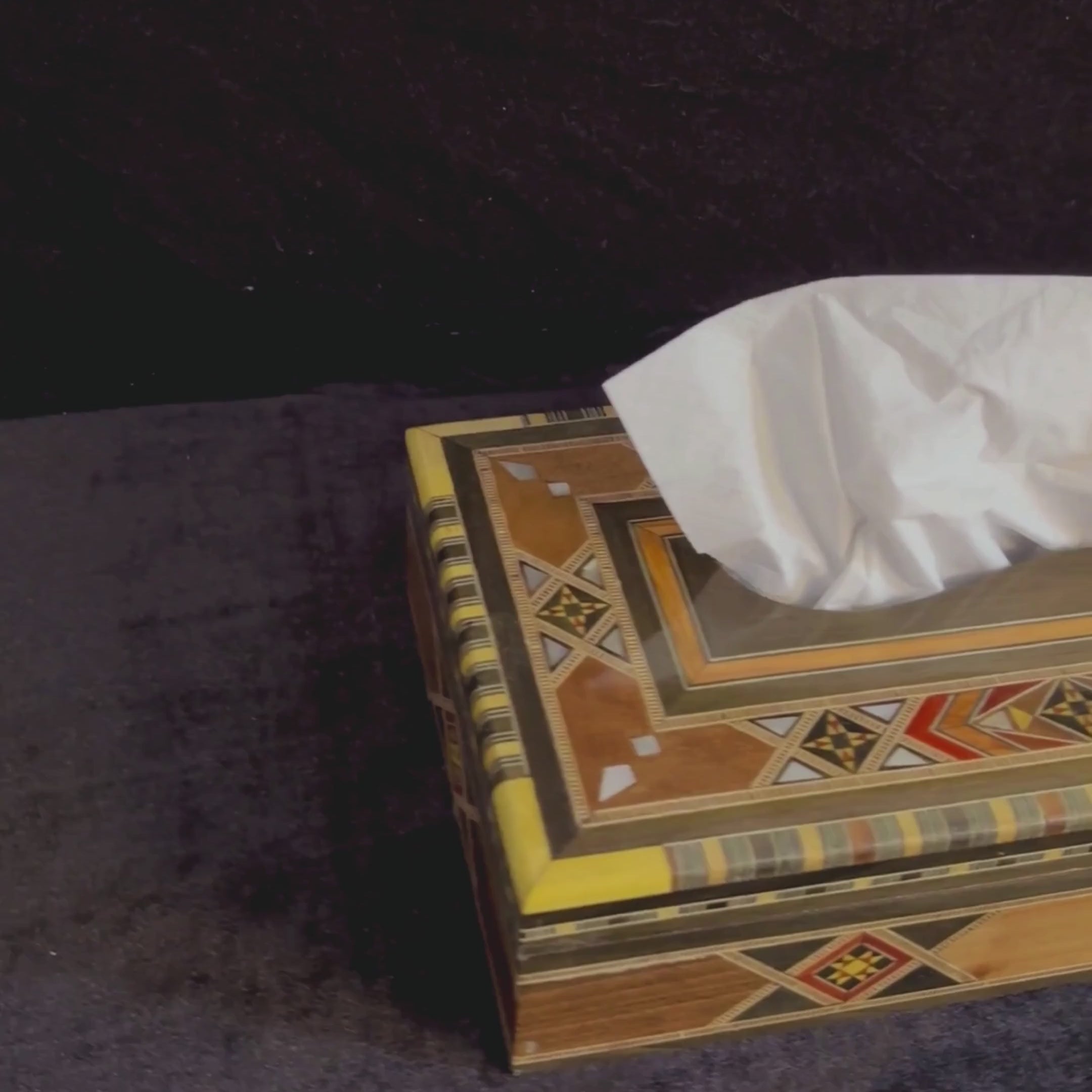 Twilight Mosaic Tissue Box video: the tissue box, a close-up of the lid and the open box