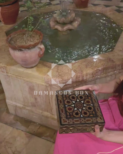 Handcrafted Damascene Mosaic Box by Master Gaby Al Dayeh – Mother of Pearl & Velvet Elegance