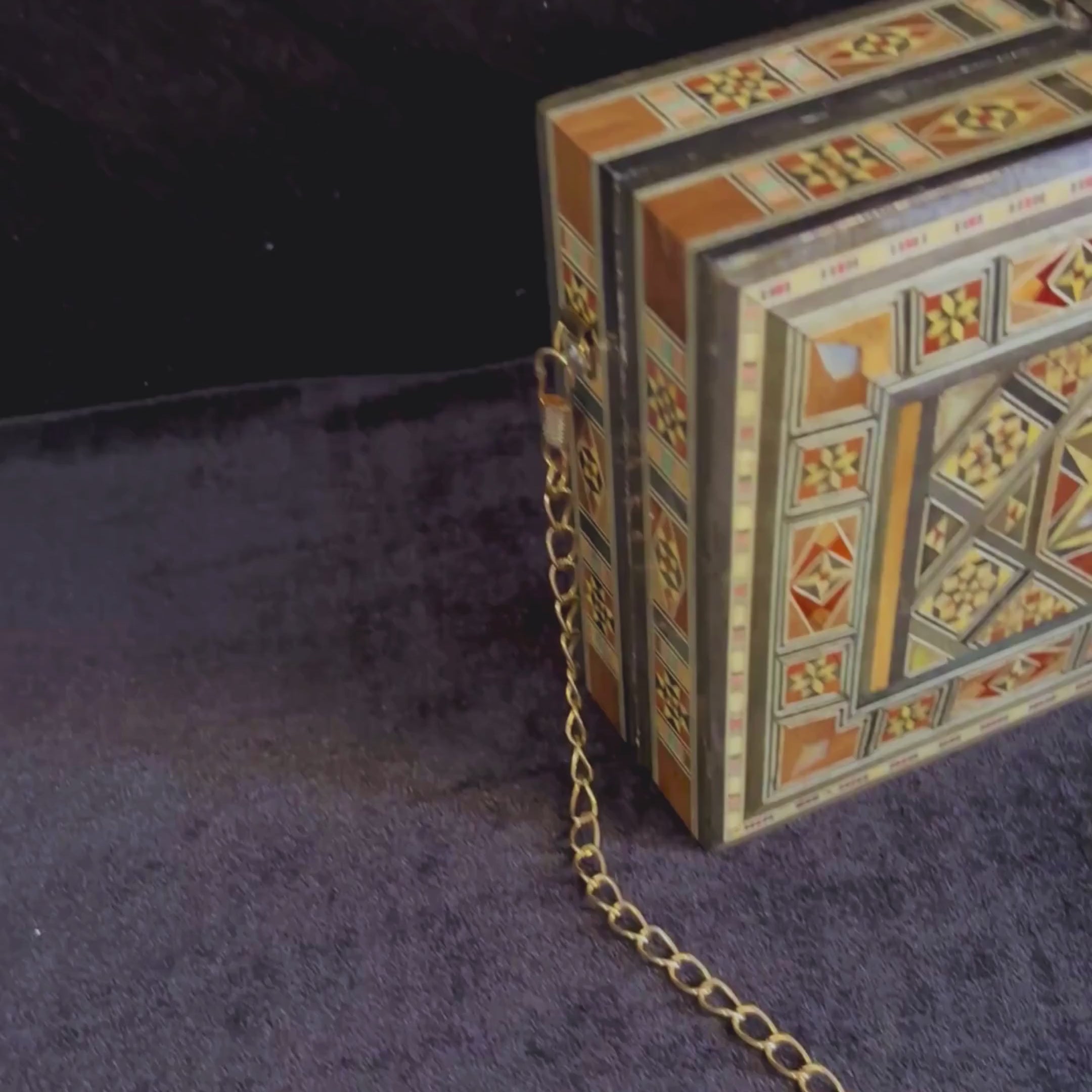 Layla Damascene Clutch video: the clutch, a close-up of the inlay and the open clutch