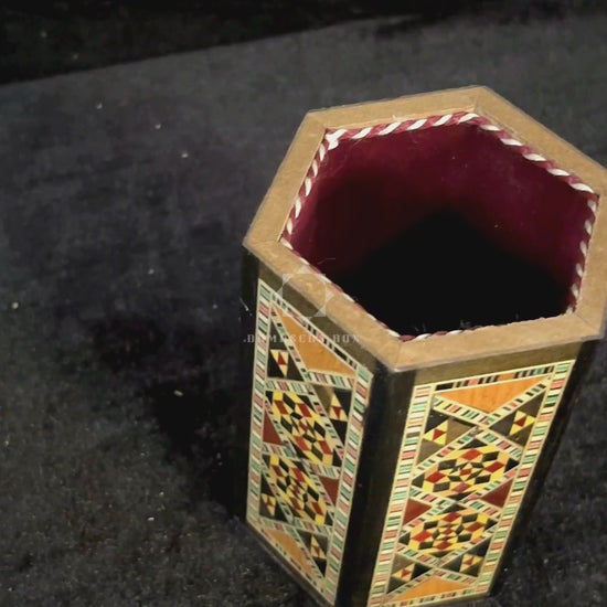 Poet's Pen Holder: the outside, a close-up of the inlay and the holder with pens