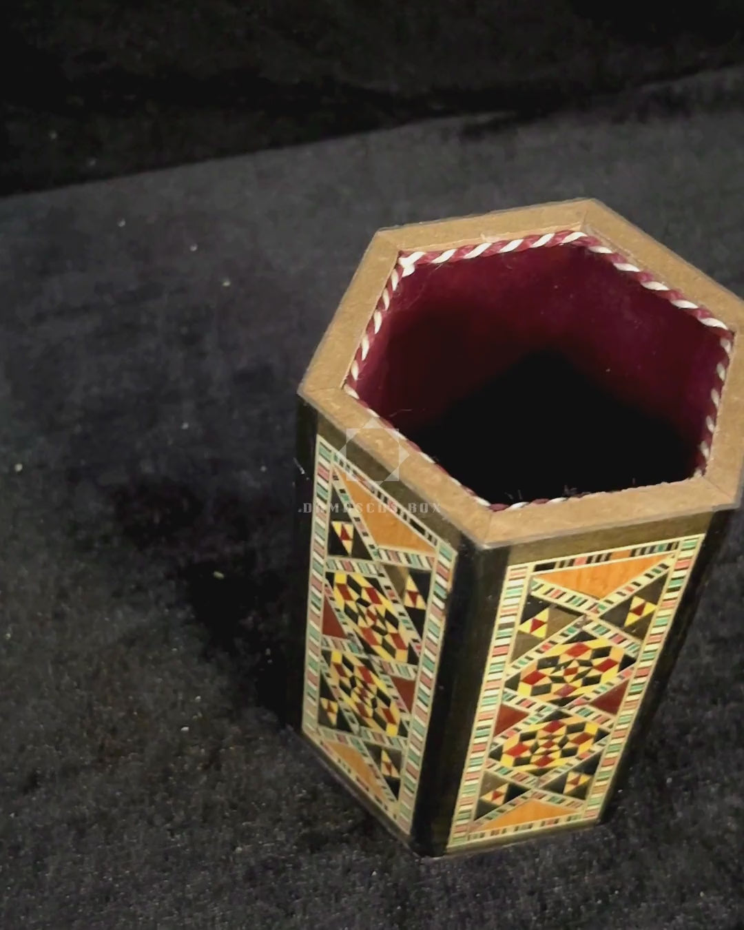 Poet's Pen Holder: the outside, a close-up of the inlay and the holder with pens