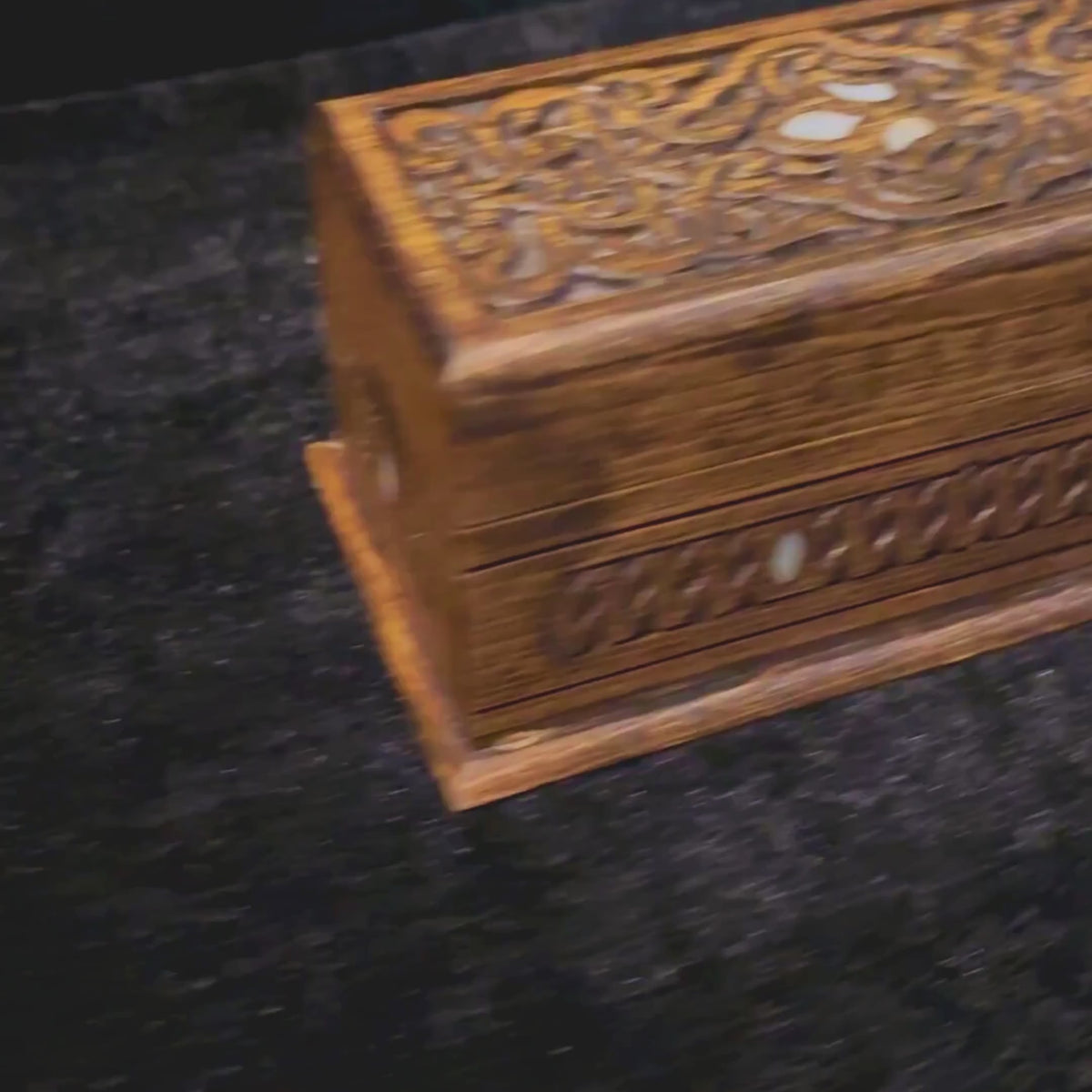 Opulent Carved Box video: the closed box, a close-up of the inlay and the open box