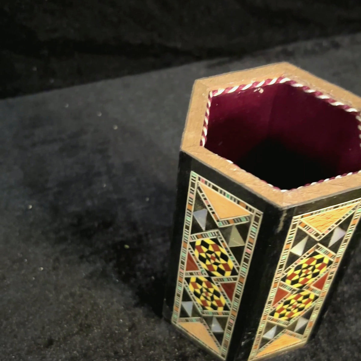 Calligrapher's Pen Holder: the outside, a close-up of the inlay and the holder with pens