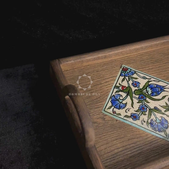 Jasmine Qishani tray, close-up of the hand-painted tiles on walnut wood