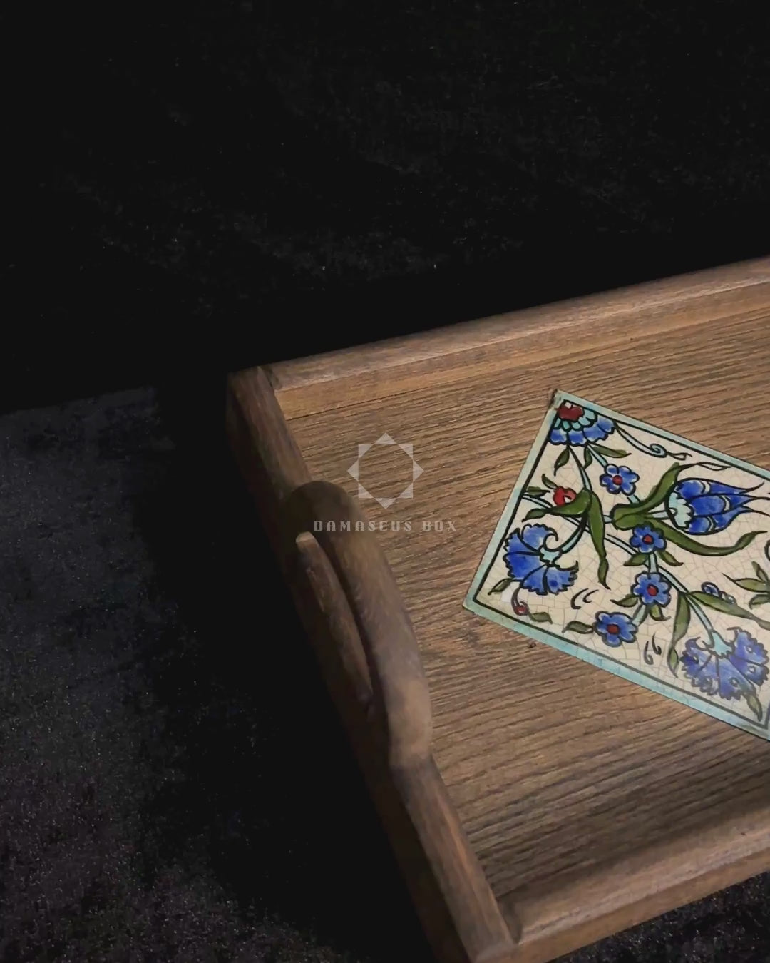 Jasmine Qishani tray, close-up of the hand-painted tiles on walnut wood