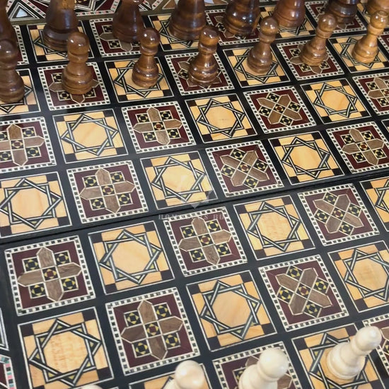 Sultan's Damascene chess and backgammon set: closed case, inlay close-up and open board