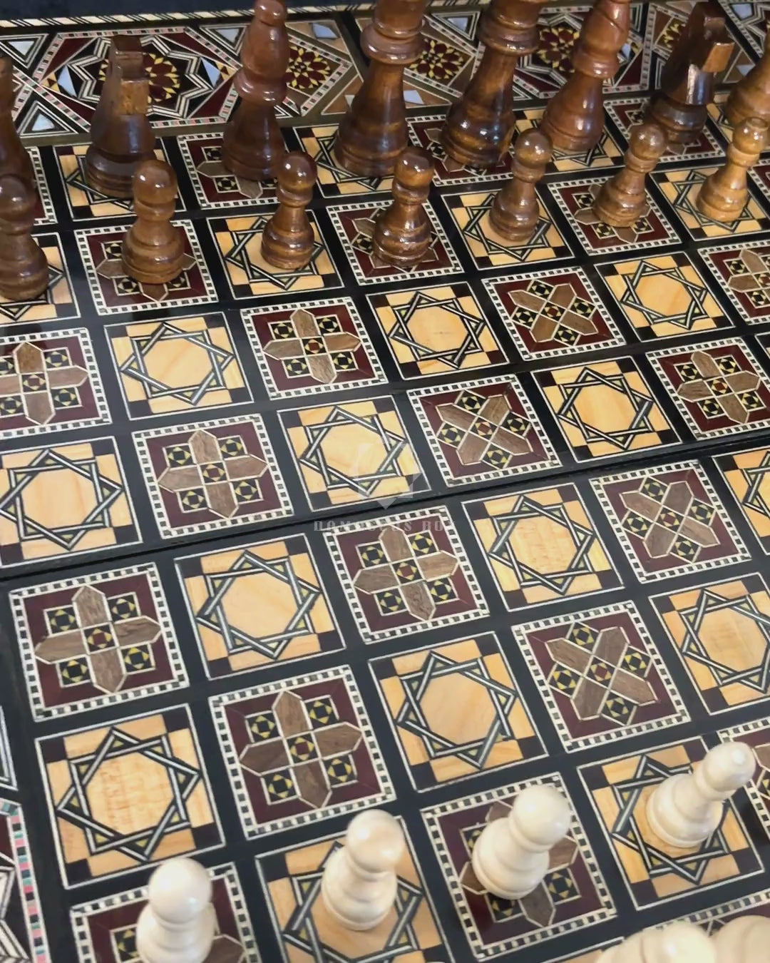 Sultan's Damascene chess and backgammon set: closed case, inlay close-up and open board