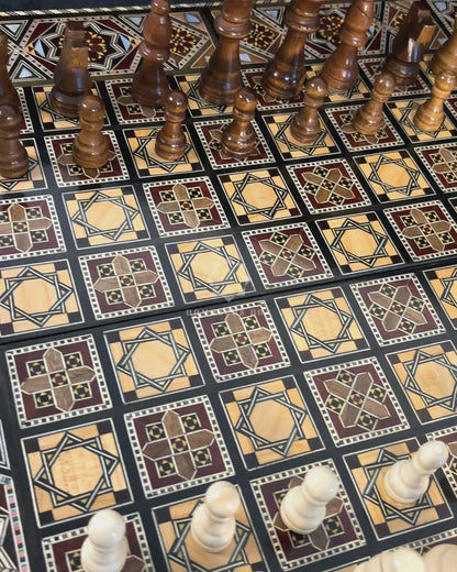 Sultan's Damascene chess and backgammon set: closed case, inlay close-up and open board