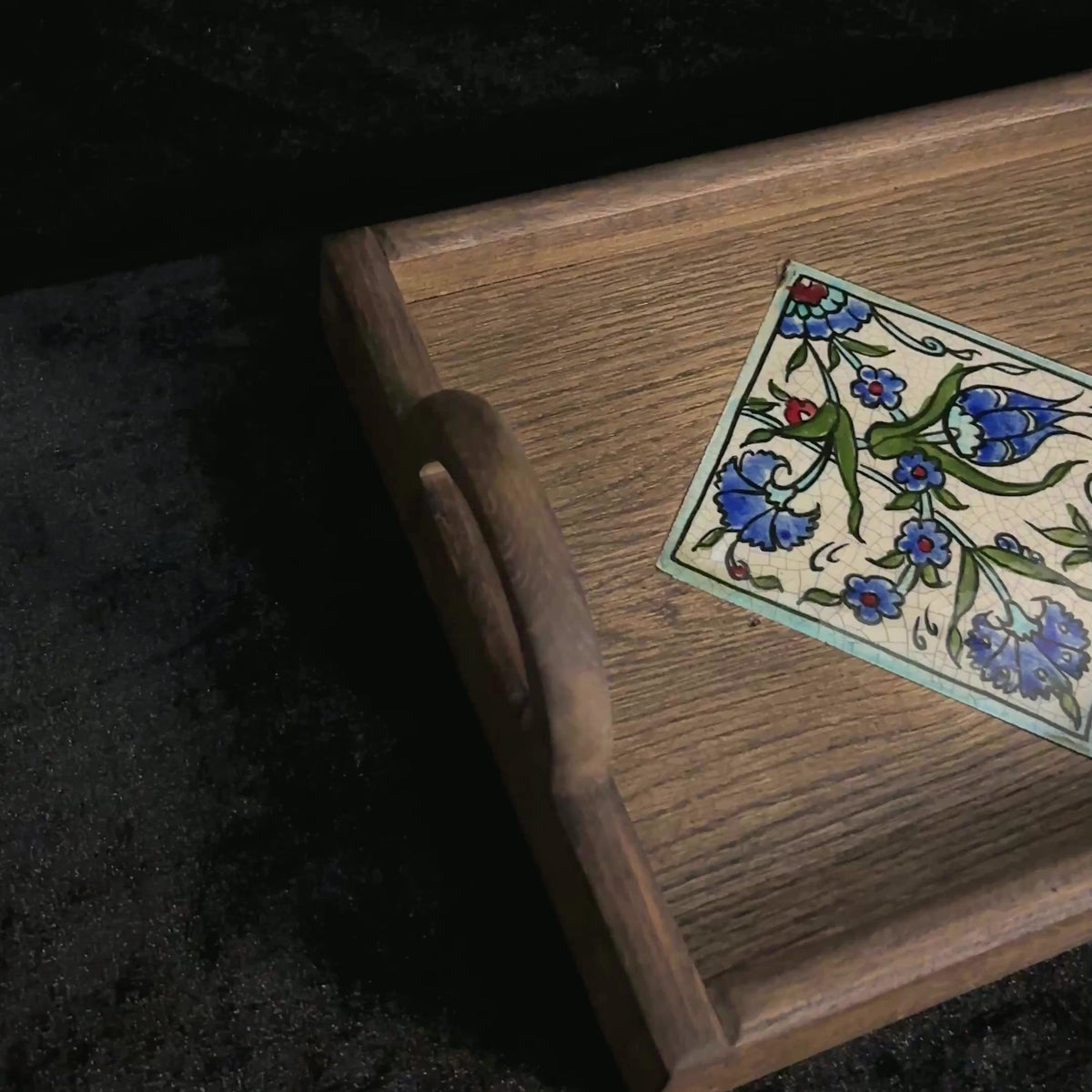 Jasmine Qishani tray, close-up of the hand-painted tiles on walnut wood
