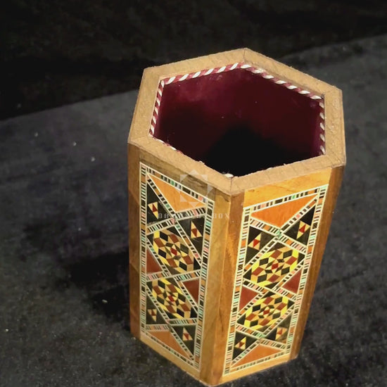 Writer's Pen Holder: the outside, a close-up of the inlay and the holder with pens