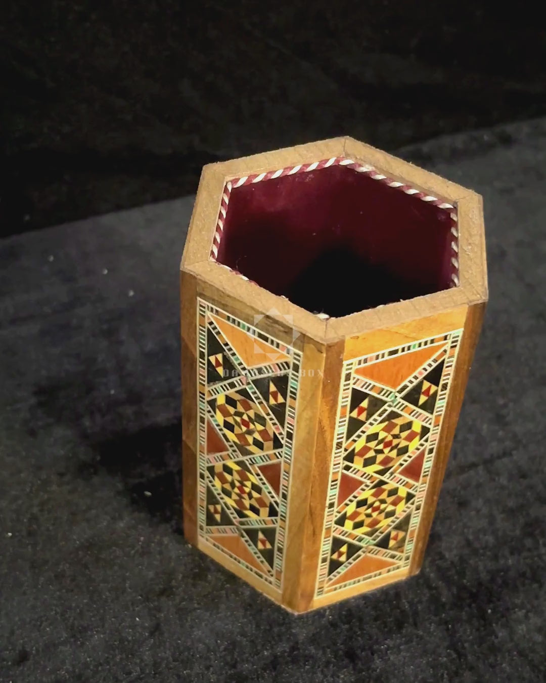 Writer's Pen Holder: the outside, a close-up of the inlay and the holder with pens