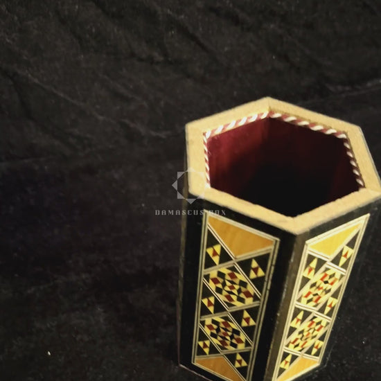 Scholar's Pen Holder: the outside, a close-up of the inlay and the holder with pens