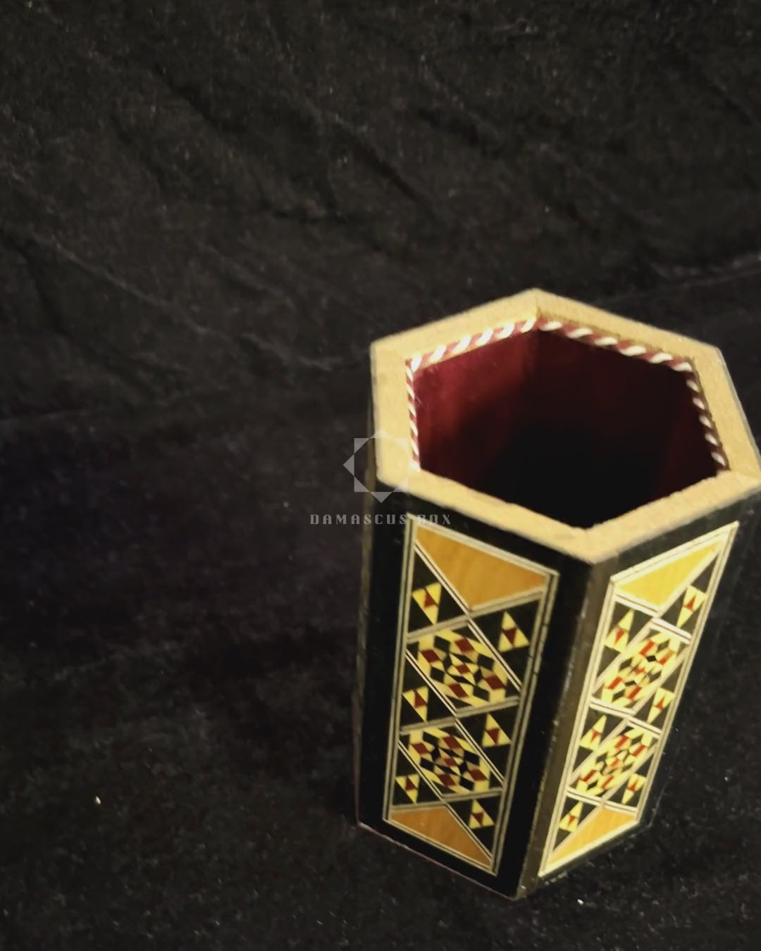 Scholar's Pen Holder: the outside, a close-up of the inlay and the holder with pens