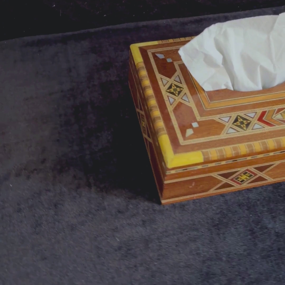 Sahara Mosaic Tissue Box video: the tissue box, a close-up of the lid and the open box