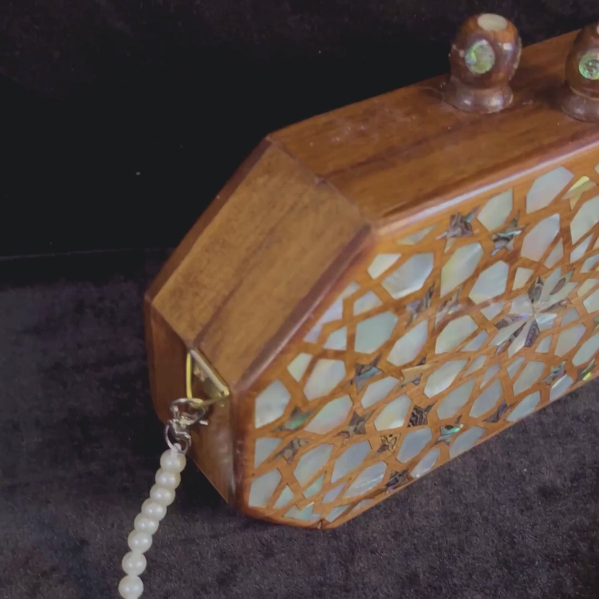Najmeh Walnut Clutch video: the clutch, a close-up of the inlay and the open clutch