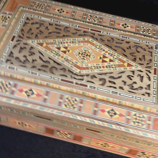 Video of the Stately Mosaic Box: closed, a close-up of the lid, and open