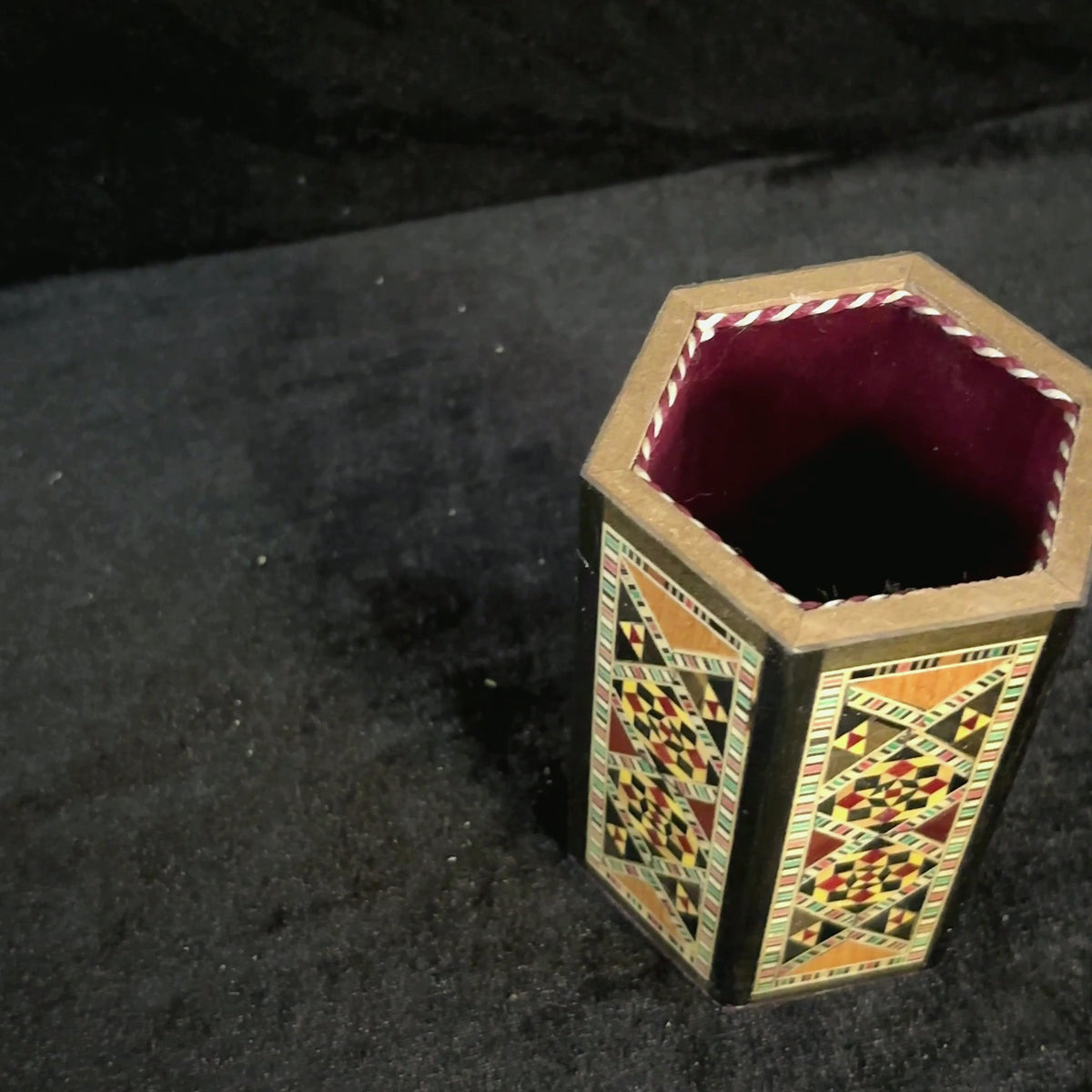 Poet's Pen Holder: the outside, a close-up of the inlay and the holder with pens