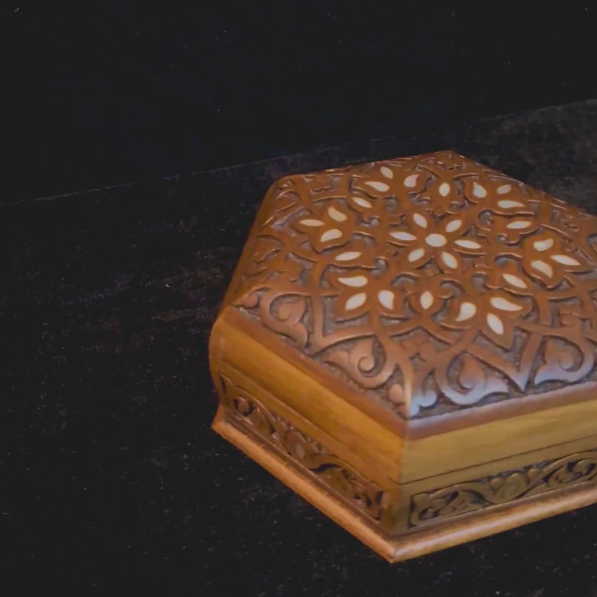 Distinguished Carved Box video: the closed box, a close-up of the inlay and the open box
