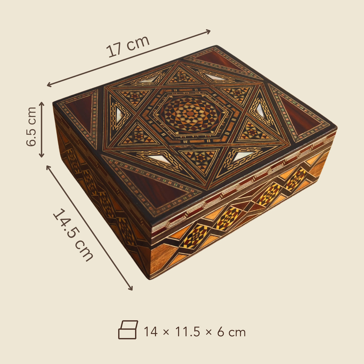 Dimensions of the Storied Mosaic Box: 17 x 14.5 x 6.5 cm outside, 14 x 11.5 x 6 cm inside