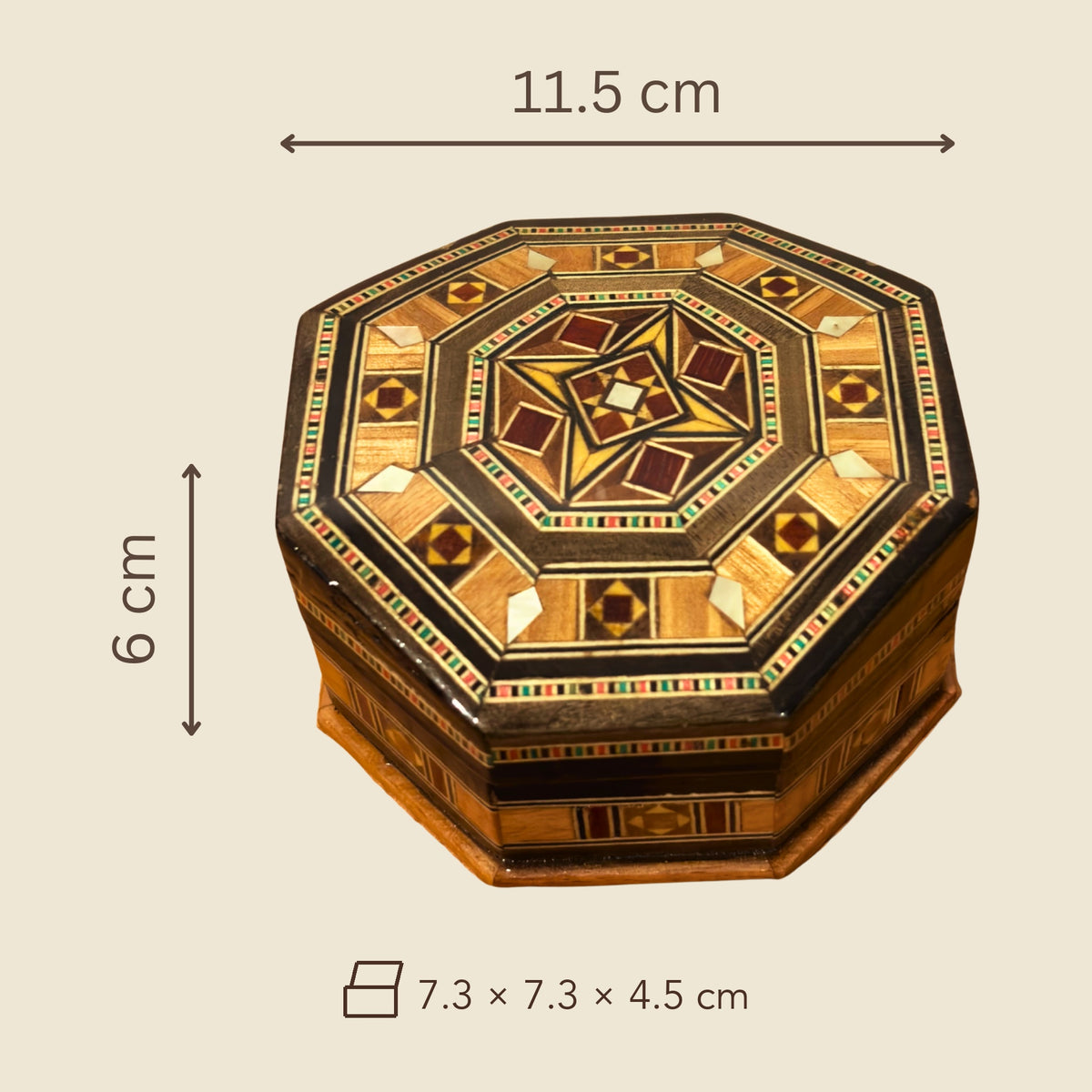 Dimensions of the Olive Mosaic Box: 11.5 x 11.5 x 6 cm outside, 7.3 x 7.3 x 4.5 cm inside