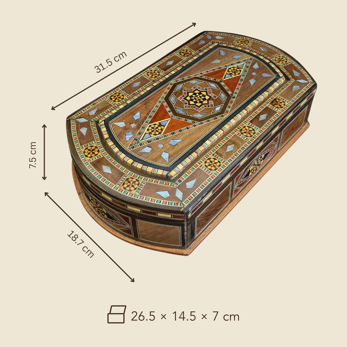 Dimensions of the Damask Rose Mosaic Box: 31.5 x 18.7 x 7.5 cm outside, 26.5 x 14.5 x 7 cm inside