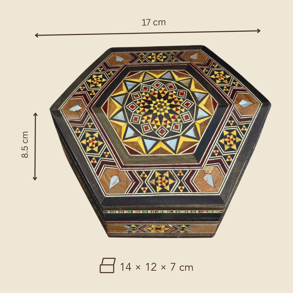Dimensions of the Pearl Mosaic Box: 17 x 15 x 8.5 cm outside, 14 x 12 x 7 cm inside