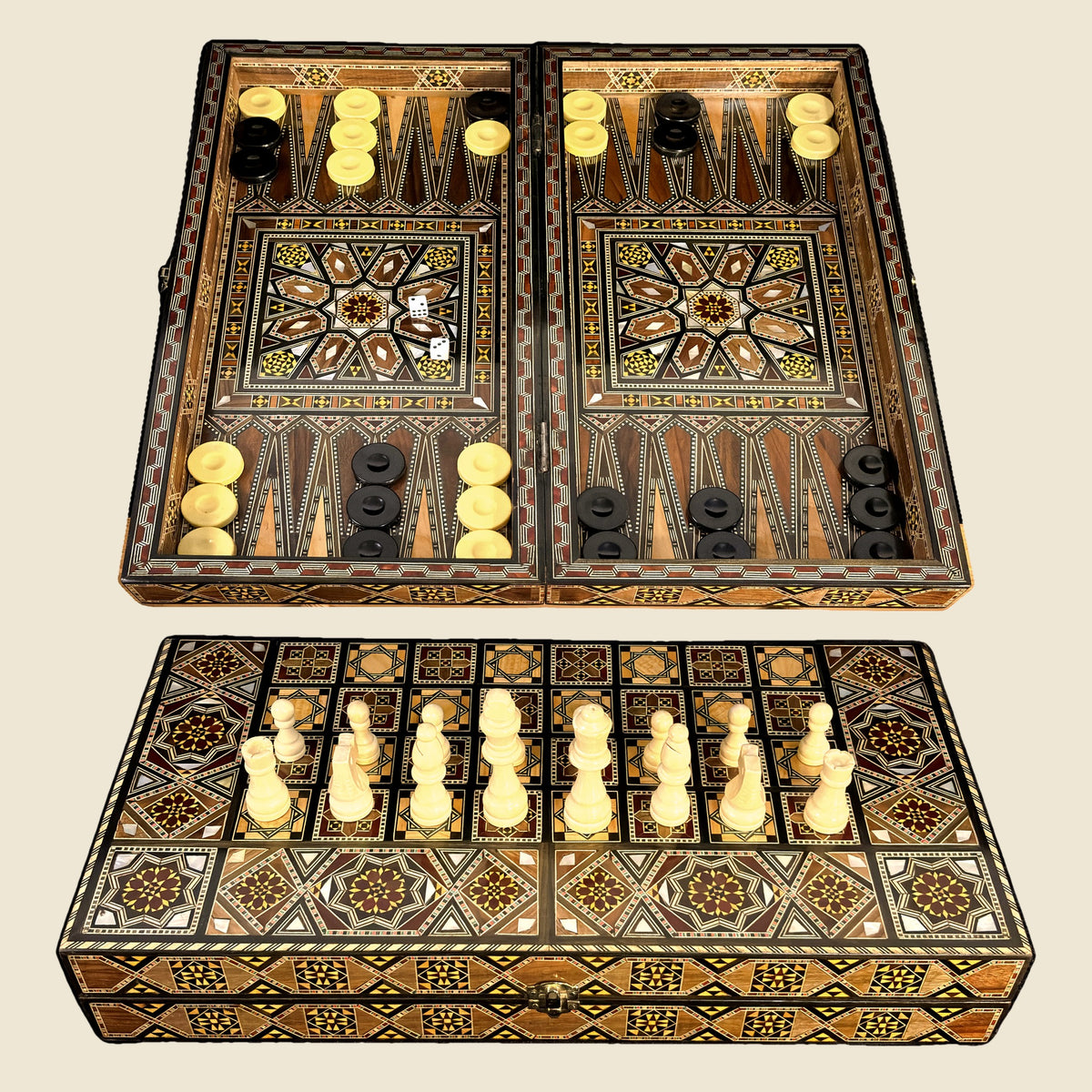 Sultan's Damascene chess and backgammon set, open backgammon board above the closed case with chess pieces