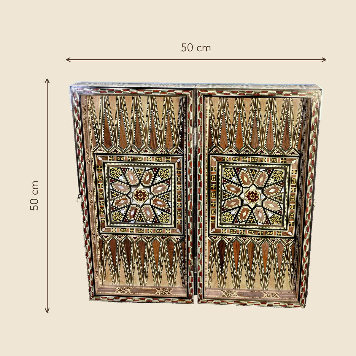 Sultan's Damascene backgammon board, open, dimensions 50 by 50 cm