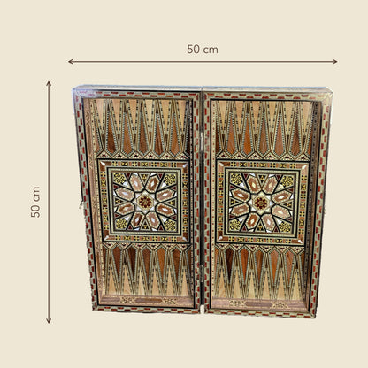 Sultan's Damascene backgammon board, open, dimensions 50 by 50 cm