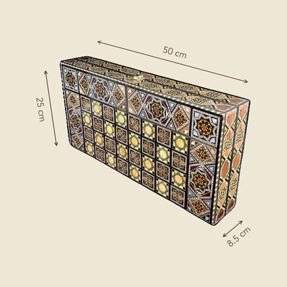 Sultan's Damascene chess and backgammon set closed, dimensions 50 by 25 by 8.5 cm