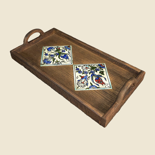 Jasmine Qishani Damascene tray in walnut wood with two hand-painted ceramic tiles and two handles